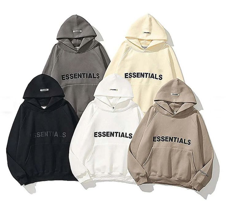 four different hoodies with the words essentials written on them