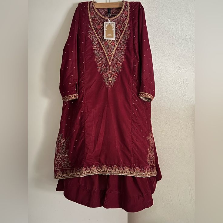 Ethnic Brand New 2pc Velvet Party Wear Dress Size Medium To Large Bohemian Dress With Intricate Embroidery For Diwali, Bohemian Dress For Festivals And Celebrations, Bohemian Sharara With Intricate Embroidery For Party, Bohemian Embroidered Sharara For Parties, Transitional Anarkali Dress For Party, Bohemian Party Sharara With Intricate Embroidery, Anarkali Dress For Transitional Party Season, Festive Dresses With Dabka Work, Bohemian Dabka Lehenga For Festive Occasions