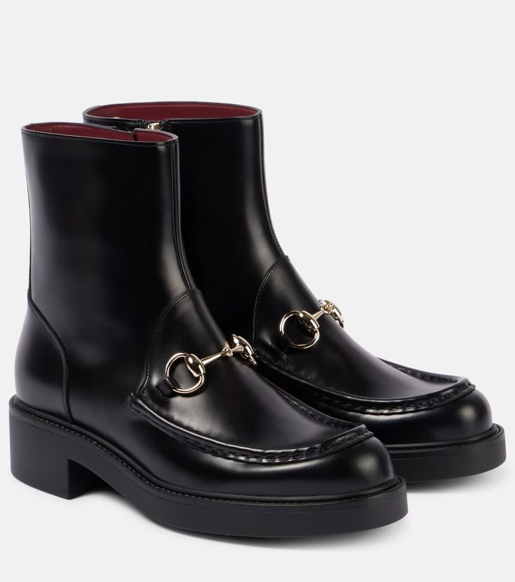 Horsebit leather ankle boots in black - Gucci | Mytheresa Chelsea Boots Men Outfit, Boots Men Outfit, Minimal Shoes, Gucci Boots, Mid Heels Pumps, Mid Heel Sandals, Gucci Horsebit, Designer Pumps, Chelsea Boots Men