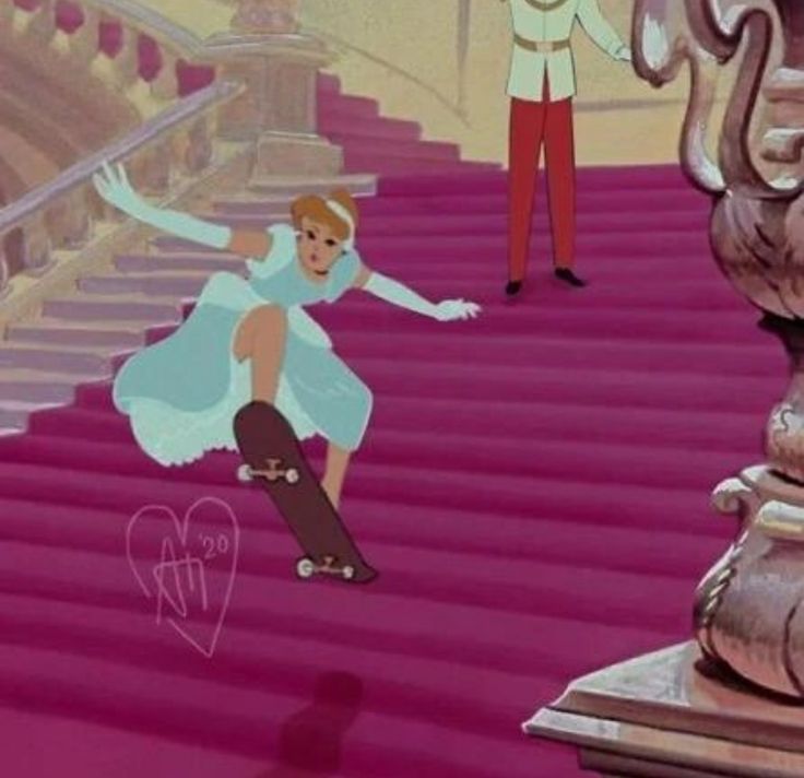 an animated image of a man riding a skateboard down a red carpeted staircase