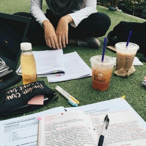 a woman sitting on the grass with her laptop and notebook next to coffee, books, and papers