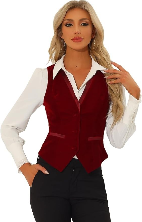 Allegra K Velvet Suit Waistcoat for Women's Retro Sleeveless Steampunk Blazer Dressy Vest Medium Burgundy at Amazon Women's Coats Shop Burgundy Vest Outfits For Women, Maroon Suit For Women, Red Vest Suit, Red Vest Outfits For Women, Red Vest Outfit, Pink Capsule Wardrobe, Waistcoat Outfit Women, Velvet Waistcoat, Dressy Vest