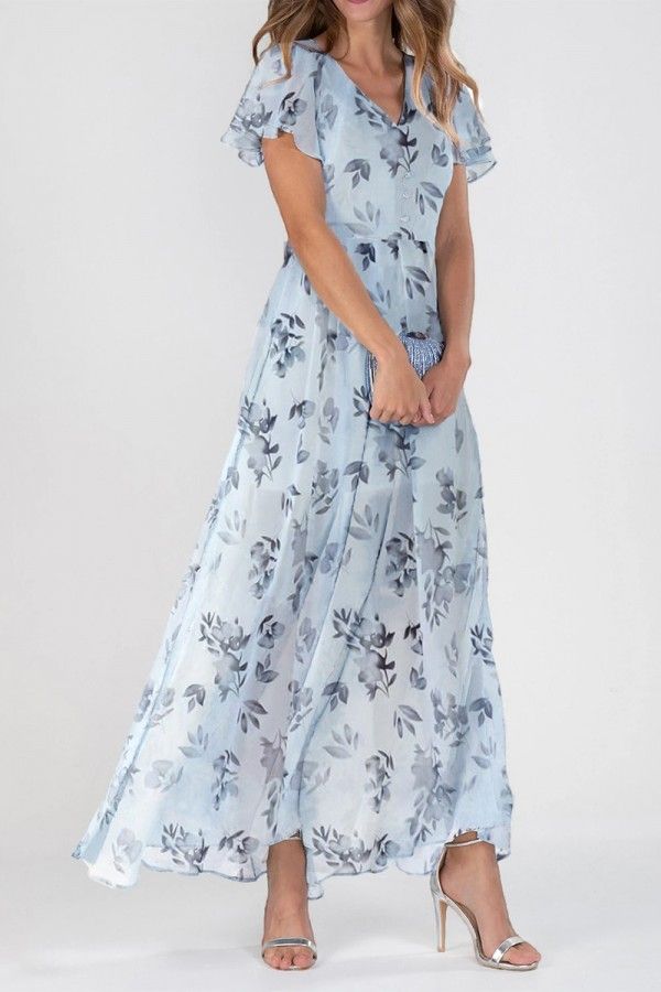 V Neck Short Sleeve Chiffon Floral Maxi Dress - Cherieday Spring Flowy Chiffon Dress, Flowy Chiffon Spring Dress, Casual Blue Chiffon Maxi Dress, Flowy Chiffon Short Sleeve Dress For Evening, Flowy Midi Dress For Day Out, Spring Chic Silk Chiffon Midi Dress, Chic Silk Chiffon Midi Dress For Spring, Evening Short Sleeve Chiffon Maxi Dress, Elegant Chiffon Dress For Spring