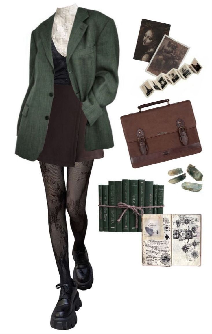 Cute Outfits Academia, Art Academia Outfits Aesthetic, Bookshop Outfit Aesthetic, Outfit Inspo Dark Aesthetic, Dark Green Style Outfits, Librariancore Outfits, Dark Academia Outfits For School, Writer Outfits Style, Art Academy Aesthetic