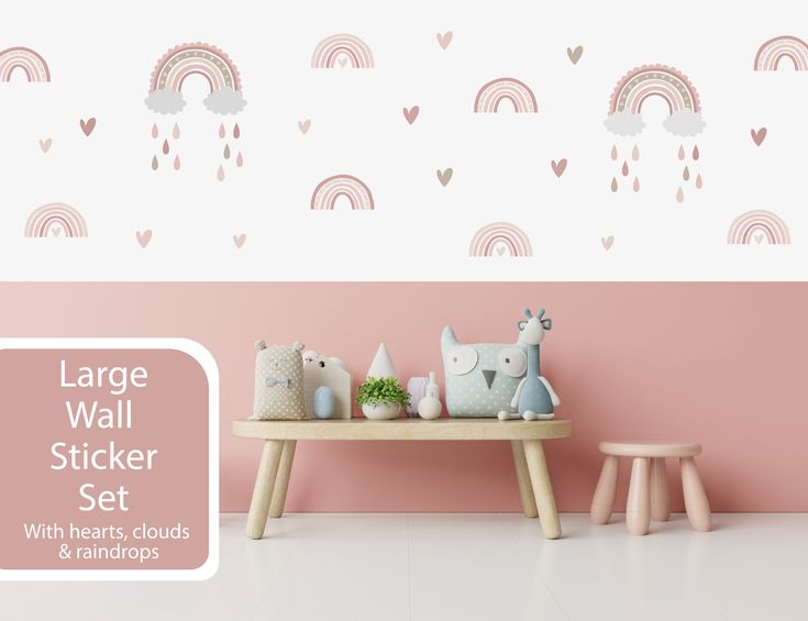 large wall sticker set with hearts, clouds and rainbows in pastel pink