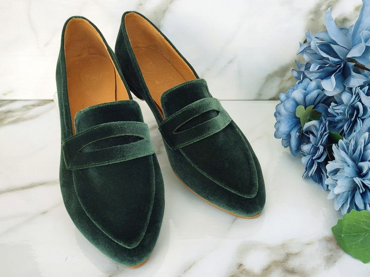 "DESCRIPTION Make a statement with your footwear choice.  The rich green velvet adds a touch of luxury, making these moccasins a standout choice for any occasion. Whether you're heading to a business meeting or a social gathering, our women's green velvet shoes are the perfect choice to showcase your unique style and impeccable taste. The low-heel design ensures all-day comfort, allowing you to wear these moccasins from morning meetings to evening events without missing a beat. These one-of-a-kind slip-on velvet shoes are not only stylish but also incredibly convenient. Slip them on and off effortlessly, saving you precious time when you're on the go. Crafted with attention to detail, our velvet loafers boast superior quality, ensuring durability and longevity. Get ready, these loafers wil Green Round Toe Loafers For Fall, Green Slip-on Loafers For Office, Green Pointed Toe Loafers For Spring, Spring Green Pointed Toe Loafers, Green Closed Toe Formal Loafers, Green Round Toe Flats For Work, Green Loafers For Formal Fall Occasions, Green Formal Loafers For Fall, Green Office Flats