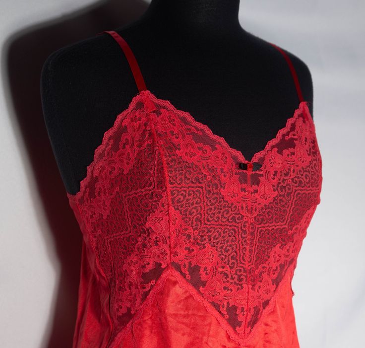 Here's a sweet and lovely vintage camisole and matching half slip you'll adore. This 1970's cami and slip set has an original JCPenney label. You'll love feeling groovy in this bohemian style, hourglass, rockabilly vibe slip outfit and you'll love wearing it with your other period collectibles. This figure-flattering bright red colored, lace trimmed tank camisole top and skirt slip are in excellent condition with more minor signs of wear/use. The label says this stretchy nylon slip set is a size S and flat measurements are here for you to check personal fit. Check out the photos too and get this collectible two piece vintage slip set - you will love getting it in the mail! -- Flat Measurements (double for circumference) - - -CAMISOLE- Shoulder to shoulder: 9" Shoulder to Hem: 21" (adjustab Sleeveless Fitted Coquette Nightgown, Fitted Coquette Camisole Nightgown, Coquette Slip Dress With Spaghetti Straps, Sheer Sleeveless Coquette Slip Dress, Fitted Vintage Camisole, Vintage Summer Camisole With Built-in Bra, Vintage Camisole With Built-in Bra For Summer, Vintage Camisole Slip Dress For Daywear, Vintage Lace Camisole Sleepwear