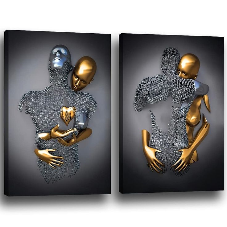 two gold and silver metal artwork pieces with hands on each side, one holding the other