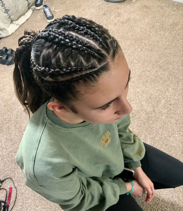 Tight braids inti poneytail Braided Basketball Hairstyles, Hair Ideas For Sports Braids, Athlete Braids Hairstyles, Sports Braids Volleyball, Braided Hairstyles For Wrestling, Fun Braided Hairstyles For Sports, Braided Updo Sports, Braids For Boxing, Athletic Hairstyles Braids