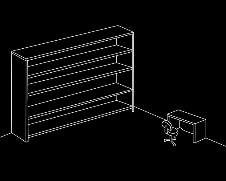 a line drawing of a book shelf with two drawers on each side and one drawer at the end