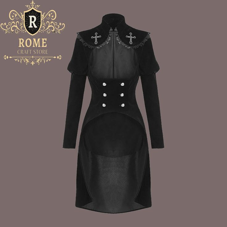 Gothic Long Coat,Gothic Coat for Women,Medieval Victorian Coat,Women Scorpion Jacket,Long Sleeve coat,Dark Love Gothic Cross Velvet Tailcoat An essential for the gothic, this velvety, black tailcoat features a large, black, embroidered cross on the back. The soft, elasticized waistband and black, buttoned front make this a perfect addition to any outfit. Introducing our Gothic Long Coat - the ultimate in alternative fashion outerwear. This Gothic Coat for Women is perfect for making a statement Gothic Stand Collar Outerwear For Costume Party, Gothic Outerwear With Stand Collar For Costume Party, Gothic Stand-collar Outerwear For Costume Party, Medieval Long Sleeve Outerwear For Alternative Fashion, Gothic Long Sleeve Outerwear For Larp, Gothic Long Coat For Larp, Medieval Style Outerwear For Halloween, Gothic Outerwear For Fantasy Events In Winter, Gothic Outerwear For Fantasy Events In Fall