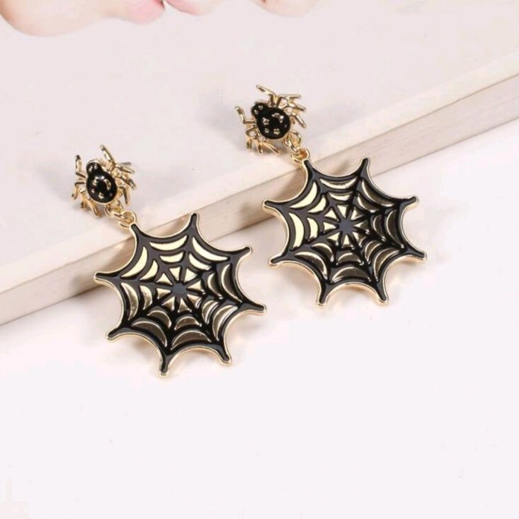 Brand New Gold And Black Spider With Spiderweb Earrings. Great For Fun Looks Especially Halloween Themed Black Metal Jewelry, Black Punk Jewelry For Halloween, Black Spooky Jewelry For Costume Party, Gold Punk Earrings For Party, Punk Style Gold Earrings For Party, Black Dangle Halloween Jewelry, Spooky Black Jewelry Gift, Black Halloween Party Earrings, Black Punk Jewelry For Costume Party