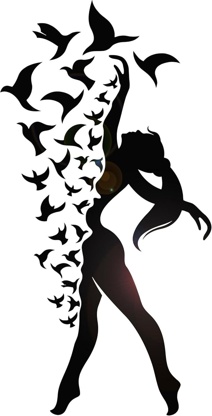 the silhouette of a woman with birds flying around her head and arms, in front of a white background