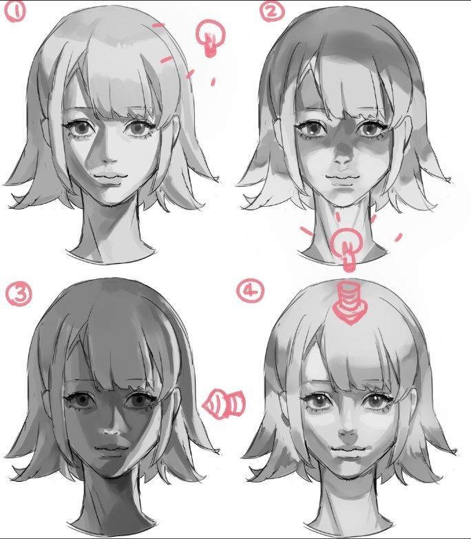 four different views of an anime character's face and head, with various facial expressions