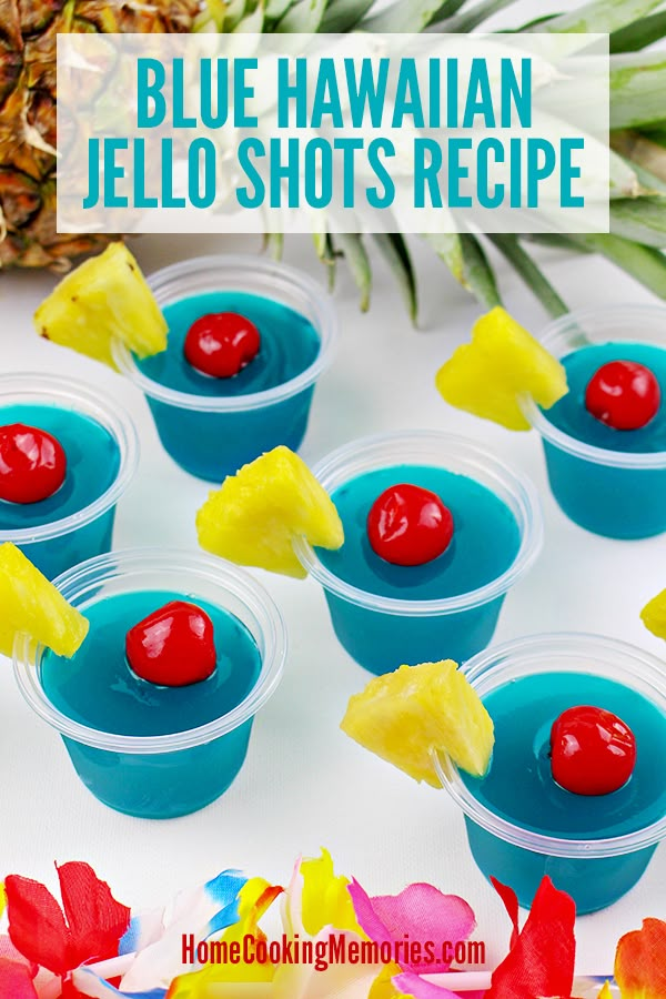 blue hawaiian jello shots recipe with pineapples and cherries in small cups