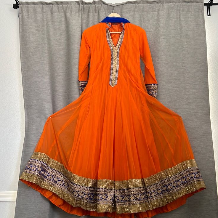 Beautiful Heavy Gota Work Orange And Blue Anarkali Dress, Sleeves Are Lined And Chest And Dress Measurements In The Pictures Above :) Blue Anarkali Dress, Blue Anarkali, Bollywood Dress, Dress Sleeves, Gota Work, Anarkali Dress, Dress Measurements, Bright Orange, Anarkali