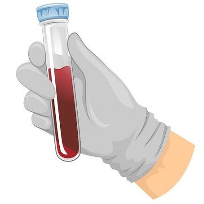 a gloved hand holding a test tube filled with red liquid