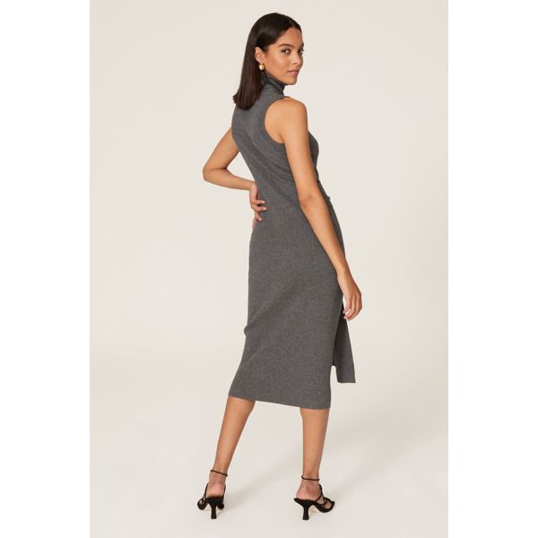 Grey knit (57% Cotton, 25% Wool, 18% Spandex). Sweater sheath. Turtleneck. Sleeveless. Pull-on. Imported. Chic Sleeveless Knit Bodycon Dress, Chic Fitted Knit Sleeveless Dress, Elegant Sleeveless Knit Bodycon Dress, Elegant Sleeveless Knit Sweater Dress, Chic Sleeveless Stretch Sweater Dress, Elegant Stretch Ribbed Sleeveless Dress, Elegant Fitted Sleeveless Sweater Dress, Fitted Sleeveless Sweater Dress, Sleeveless Stretch Sweater Dress