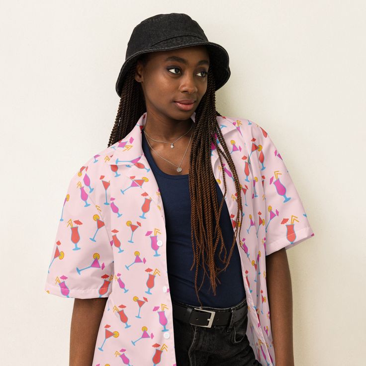 Discover the Ultimate Summer Wardrobe Essential: The All-Over Print Collared Unisex Button-Down Shirt! 🌟 👕 **Ultra-Comfortable & Stylish Dive into summer with flair in our All-Over Print Collared Unisex Button-Down Shirt. Designed to impress and built for comfort, this shirt is your perfect companion for every summer adventure. With a blend of 65% recycled polyester and 35% polyester, it offers a sustainable choice without compromising on style. 🌞 **Beat the Heat Say goodbye to discomfort on Hawaiian All Over Print Top For Spring, Casual Cotton Blouse With Tropical Print, Pink Printed Shirt With Camp Collar, Pink Collared Beach Top, Collared Pink Beach Tops, Collared Pink Top For Beach, Pink Casual Hawaiian Shirt With Collar, Trendy Relaxed Fit Printed Hawaiian Shirt, Pink Collared Hawaiian Shirt For Vacation