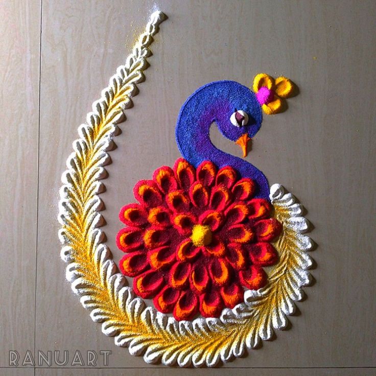 Visit YouTube channel RanuArt for video Peacock Small Rangoli, Rangoli With Peacock, Rangoli Designs Of Ganesha, Small Rangoli Ideas For Diwali, Rangoli Best Designs, Rangoli Designs Ideas Diwali, How To Make Rangoli Design, Rangoli Designs Videos Diwali, Small Peacock Rangoli