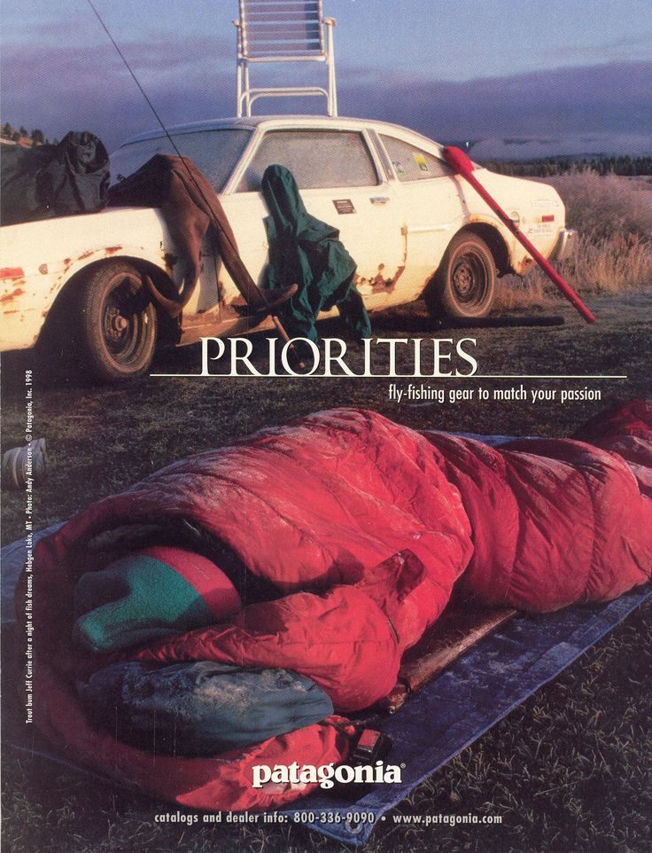 an advertisement for the patagonia brand showing a sleeping bag and a car in the background