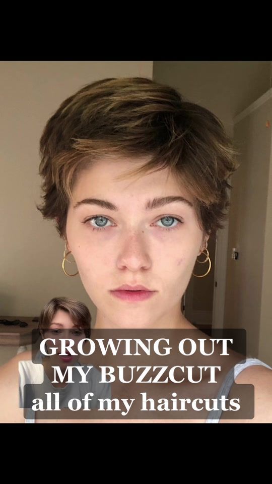 Haircuts For Growing Out Buzzcut, Buzz Hairstyle Women, Grown Out Buzzcut Styling, Growing Out Hair Hairstyles, Buzzcut Fashion Women, Buzzcut With Bandana, Hairstyles Growing Out Pixie, Stages Of Growing Out A Buzzcut, Hair Growth Buzzcut