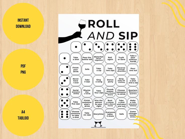 the roll and sip game is displayed on a wooden table with yellow circles around it