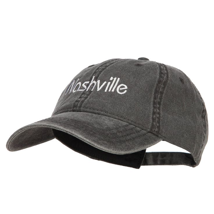 Nashville Embroidered Washed Buckled CapMade of 100% cotton.One size fits most with an adjustable buckle closure, fitting up to XL size.Same material inner hatband.Adult/Unisex.Crown measures 3 1/2 inches deep.Bill measures 2.7 inches long.Hand wash only.Brand of cap may vary with different manufacturer.Imported. City of Nashville is embroidered in white on the front crown.1 small ventilation hole placed on each panel of crown.Bill is stiff and pre curved, same color under bill.Unconstructed crown.6 panels.Low profile.The Nashville Embroidered Washed Cap is great for Tennesee residence who love their Music City as they are well known for country music.All Season.8(W) X 11(L) X 4.5(H) inches.Thick, soft and light material.Available in different colors and styles. Adjustable Cotton Trucker Snapback Hat, Adjustable Trucker Snapback Hat In Cotton, Adjustable Gray Cotton Baseball Cap, Cotton Trucker Cap, Adjustable Gray Cotton Snapback Hat, Gray Adjustable Cotton Snapback Hat, Urban Adjustable Dad Hat For Baseball Season, Adjustable Cotton Fitted Hat With Letter Print, Adjustable Black Cotton Hat