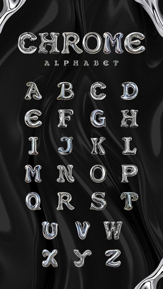 chrome letters and numbers are shown in an artistic style, with swirly black background