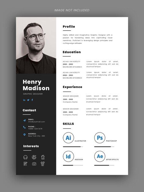 a black and white resume template with an image on the front, side and back