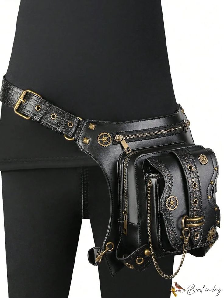 BirdinBag - Studded Messenger Bag: Retro Punk Motorcycle Chain Belt Phone Pouch for Outdoor Use Black Pouch Belt Bag, Punk Style Black Rectangular Bag, Punk Style Travel Shoulder Bag, Black Rectangular Punk Bag, Black Rectangular Punk Style Bag, Black Shoulder Bag Pouch With Pockets, Black Rectangular Pouch With Pockets, Punk Crossbody Travel Bags, Steampunk Leather Bag For Everyday Use