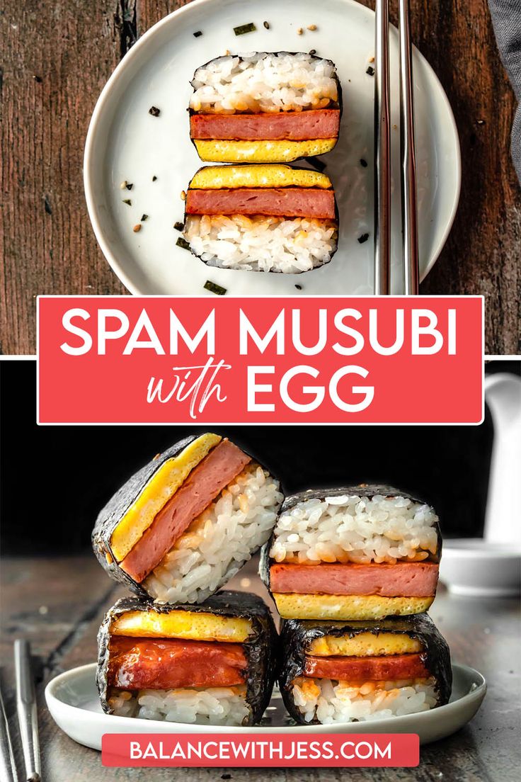 spam musubi with egg and rice on a plate