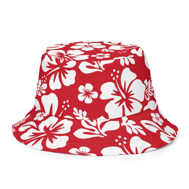 Red and White Hawaiian Flowers Reversible Bucket Hat - Extremely Stoked Trendy White Bucket Hat For Outdoor, White Summer Bucket Hat For Outdoor, Reversible Bucket Hat For Beach, Reversible Cotton Sun Hat For The Beach, Red Bucket Hat For Outdoor Summer Activities, Casual White Bucket Sun Hat, Red Bucket Hat For Summer Outdoor, Casual Reversible Bucket Hat For Beach, Lightweight White Bucket Hat For Vacation