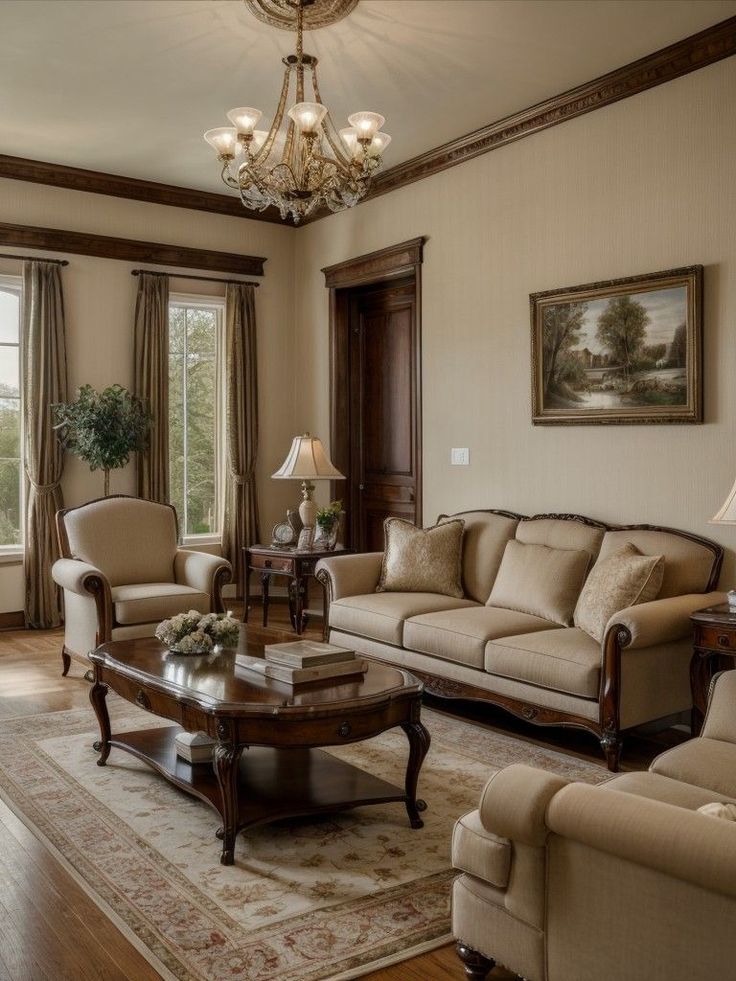 a living room filled with furniture and a chandelier