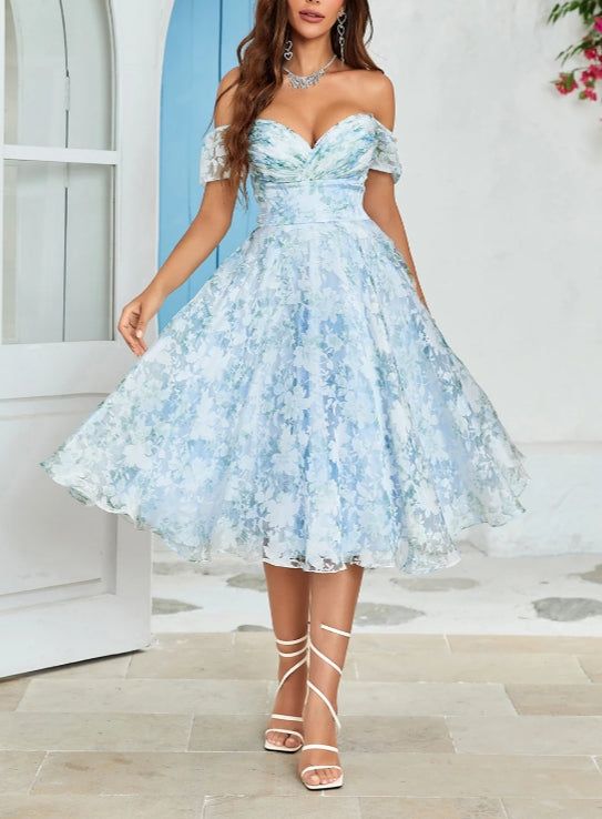 A-Line Blue Party Dress Off The Shoulder Printed Blue Tea-Length Cocktail Dress Light Blue Knee-length Dress For Banquet, Light Blue A-line Party Dress, Light Blue Knee-length Prom Dress, Blue A-line Maxi Dress For Prom, Light Blue Floral Print Wedding Dress, Blue Spring Banquet Dress, Blue A-line Midi Dress For Prom Season, Light Blue Knee-length Dress For Banquets, Blue A-line Maxi Dress For Party