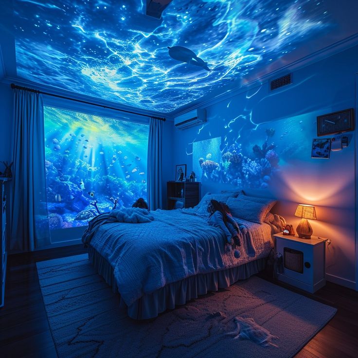 Dreamy Bedroom Ambiance: A serene bedroom bathed in blue light, depicting underwater scenes and a starry night sky. #bedroom #blue #underwater #starry #night #aiart #aiphoto #stockcake ⬇️ Download and 📝 Prompt 👉 https://stockcake.com/i/dreamy-bedroom-ambiance_145604_18745 Underwater Theme Bedroom, Night Sky Bedroom, Ocean Room Aesthetic, Starry Night Bedroom, Sky Bedroom, Underwater Bedroom, Underwater Room, Ocean Bedroom, Light Blue Bedroom