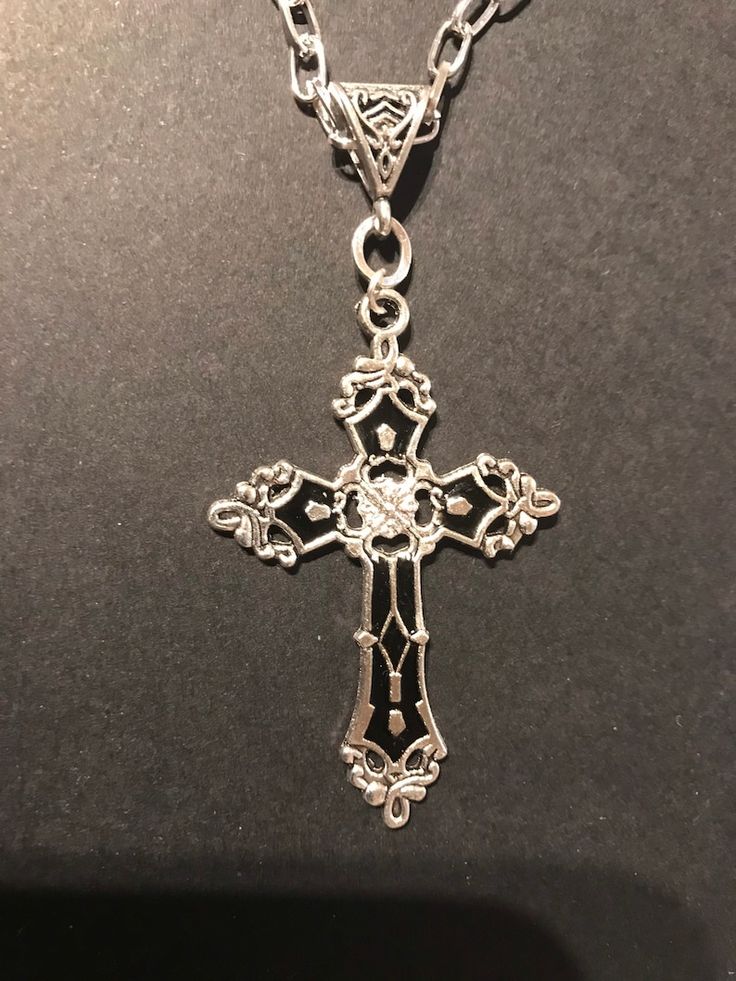 Large Cross on a Chunky Chain Gothic Tibetan Silver With Black Enamel Insert - Etsy UK Black Crucifix Necklace Engraved, Black Engraved Crucifix Necklace, Black Cross Jewelry With Adjustable Chain, Black Engraved Cross Jewelry, Black Cross Necklace With Chain, Gothic Jewelry With Cross Pendant And Adjustable Chain, Gothic Jewelry With Adjustable Chain And Cross Pendant, Gothic Cross Chain Jewelry, Black Engraved Cross Pendant Necklace