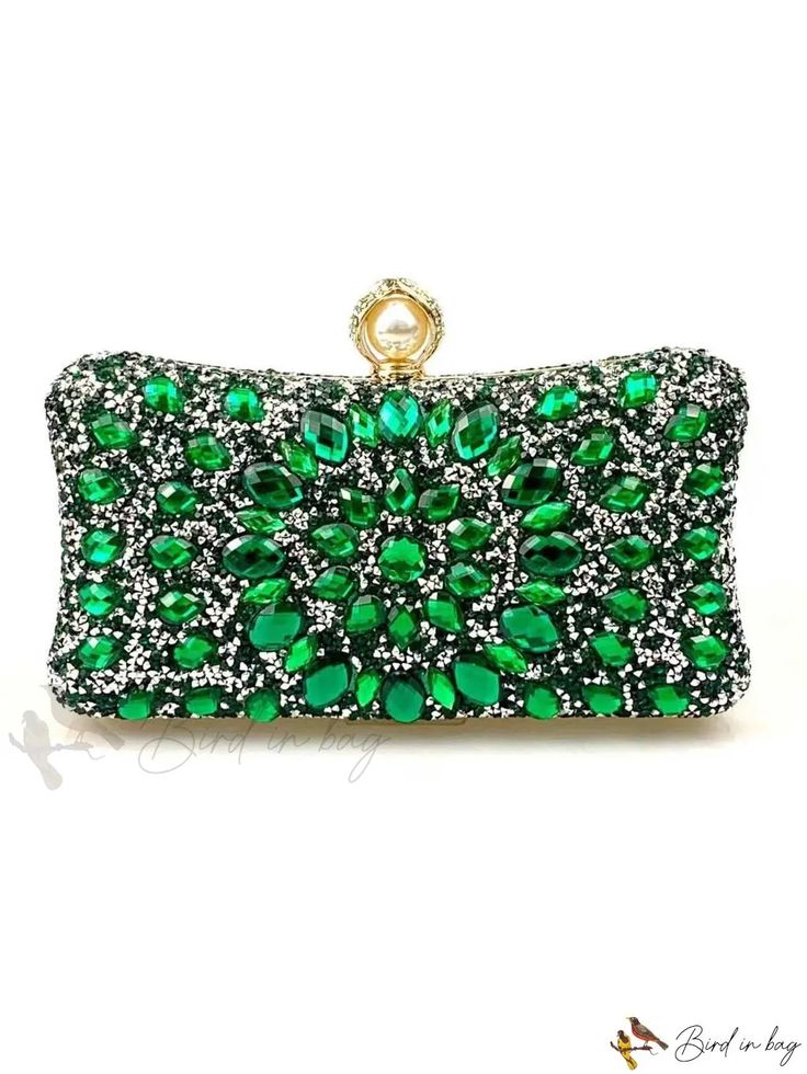 Bird in Bag - Rhinestone-Decorated Fashionable Party Clutch Bag with Crossbody and Handheld Strap Embellished Clutch Bags For Prom, Rhinestone Clutch For Prom, Green Embellished Evening Bag For Wedding, Green Clutch For Party, Bedazzled Rectangular Evening Bag For Parties, Green Rectangular Evening Bag For Party, Green Clutch Bag For Party, Rectangular Rhinestone Clutch For Prom, Glamorous Green Event Bag