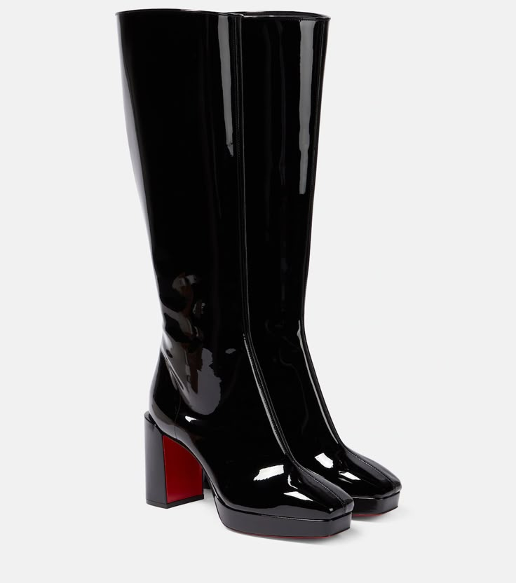 Alleo 90 Patent Leather Knee High Boots in Black - Christian Louboutin | Mytheresa Hermes Boots, Christian Louboutin Boots, Luxury Boots, Dr Shoes, Louboutin Heels, Girly Shoes, Dr Closet, Knee High Leather Boots, Dream Shoes