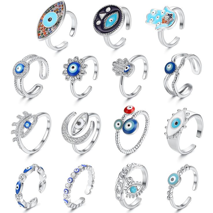 PRICES MAY VARY. 🧿Evil Eye Ring Set🧿One order includes 15Pcs different evil eye rings, simple and classic design, suitable for matching with various outfits, Bright colors and make you more attractive. 🧿Evil Eye Profound Meaning🧿The evil eye represents luck,health and wealth, its meaning is to protect the wearer and bring good luck to the wearer, wearing evil eye ring is believed to protect the wearer from bad luck,so this evil eye ring can also be used as an amulet to protect you and your f Evil Eye Jewelry Rings, Blue Eye Ring, Eye Rings, Evil Eye Ring, Hand Ring, Bad Luck, Blue Eye, Eye Ring, Pretty Rings