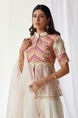 Shop for Koashee by Shubitaa Off White Organza Zardozi Embroidered Peplum Top Sharara Set for Women Online at Aza Fashions Plain Sharara, Top Sharara Set, Scalloped Design, Zardozi Embroidery, Handloom Fabric, Sequin Embroidery, Embroidered Dupatta, Sharara Set, Sequins Embroidery