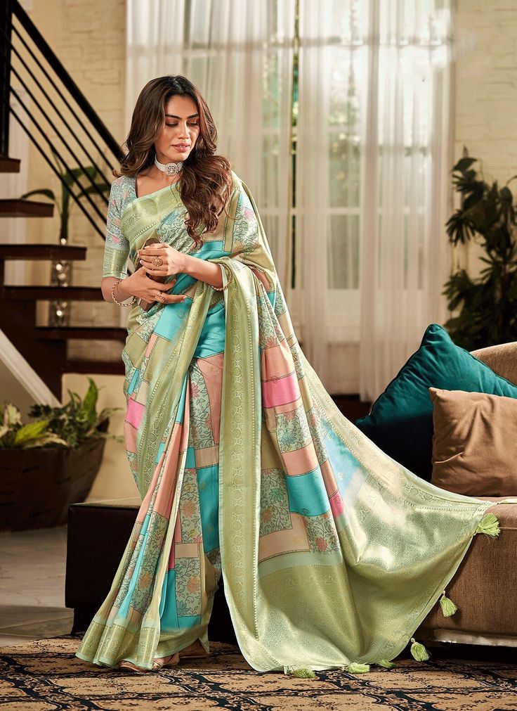 Bring an exotic flair to your attire with this beautiful fancy saree drape, exclusively designed and curated with a smooth flow, and weaving handloom border and on pallu! Wear it as you want and glam your party look. The unstitched blouse can be customized upto 44 inches. Do Note: All the accessories shown are for styling purpose only. Slight color variation may occur due to photographic reasons. Fall and Pico : Done Draping Saree(Ready to wear) : On Request Extra Charges Occasion : Bridal Wear, Wedding, Party, Pooja Function, Festival, Navratri, Diwali, Eid, Durga Pooja, Ganesh Chaturthi, Reception Includes : 1 Saree, 1 Blouse Saree Length : 5.5 meter Blouse Piece : 0.80 meter Type: Handllom Weaving Silk & Digital Printed Saree Saree Fabric: Handloom Silk Blouse Fabric: Handloom Silk Sare Multicolor Saree With Unstitched Blouse And Traditional Drape, Bohemian Banarasi Silk Saree With Self Design, Multicolor Pre-draped Saree For Eid, Bohemian Banarasi Silk Dupatta With Self Design, Pista Green Blouse Piece With Zari Weaving For Navratri, Multicolor Designer Pre-draped Saree For Diwali, Designer Wear Multicolor Traditional Saree, Multicolor Banarasi Silk Sharara With Zari Weaving, Multicolor Zari Weaving Sharara For Diwali