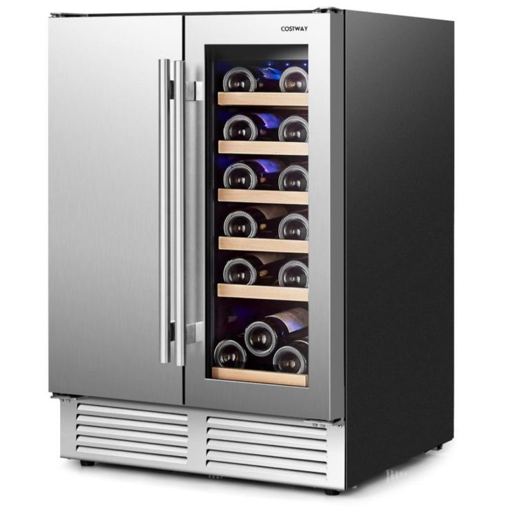 a stainless steel refrigerator with its door open and wine bottles in the bottom drawer,