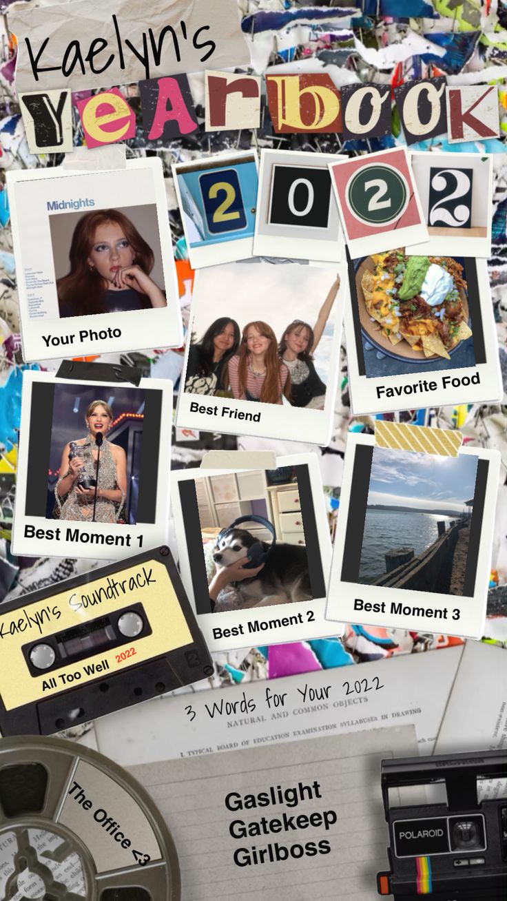 a collage of photos and tape recorders on top of a table with the words year book 2012