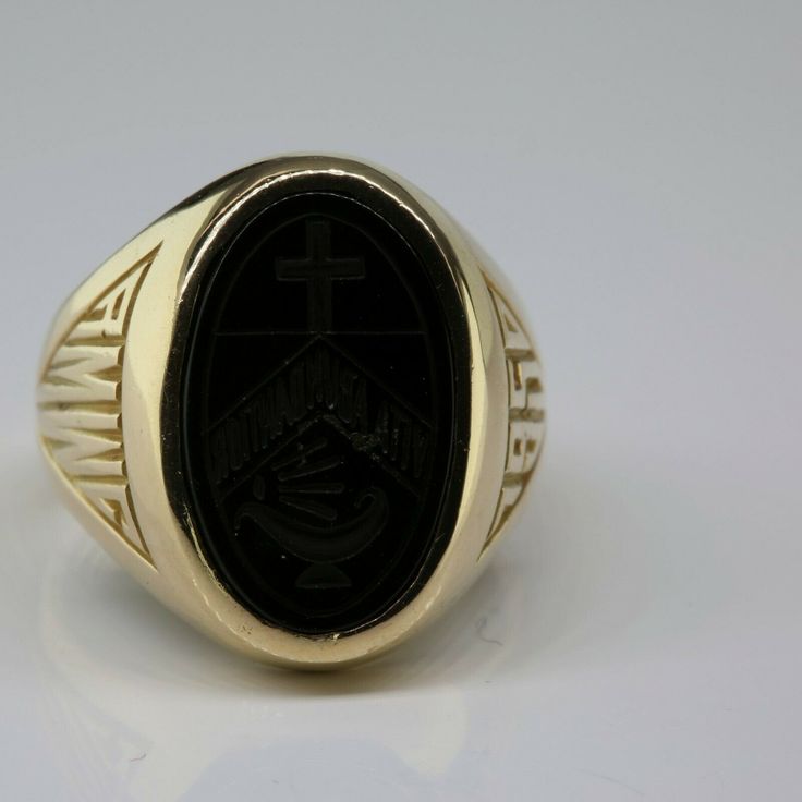 10K Yellow Gold 1950 School Ring, oval engraved black onyx plaque with cross and lamp, 5/8 inch across, bright polish, Ring size 5, Circa 1950, 7.5 grams SKU # BB272R24 Most rings are sizable for a small fee. If the ring you are considering is the incorrect size contact us for a quote. This listing contains photographs of the actual item you will receive. Our items are in excellent condition with little or no signs of wear and many are one of a kind pre-owned estate finds. Please look closely at Classic Oval Signet Ring Collectible, Classic Polished Signet Ring For Commemoration, Engraved Oval Signet Ring For Commemoration, Classic Engraved Ring With Polished Finish For Commemoration, Classic Oval Engraved Ring For Commemoration, Black 14k Gold Engraved Signet Ring, Oval Hallmarked Signet Ring For Commemoration, Black Engraved Ring For Collectors, 14k Gold Oval Signet Ring For Commemoration