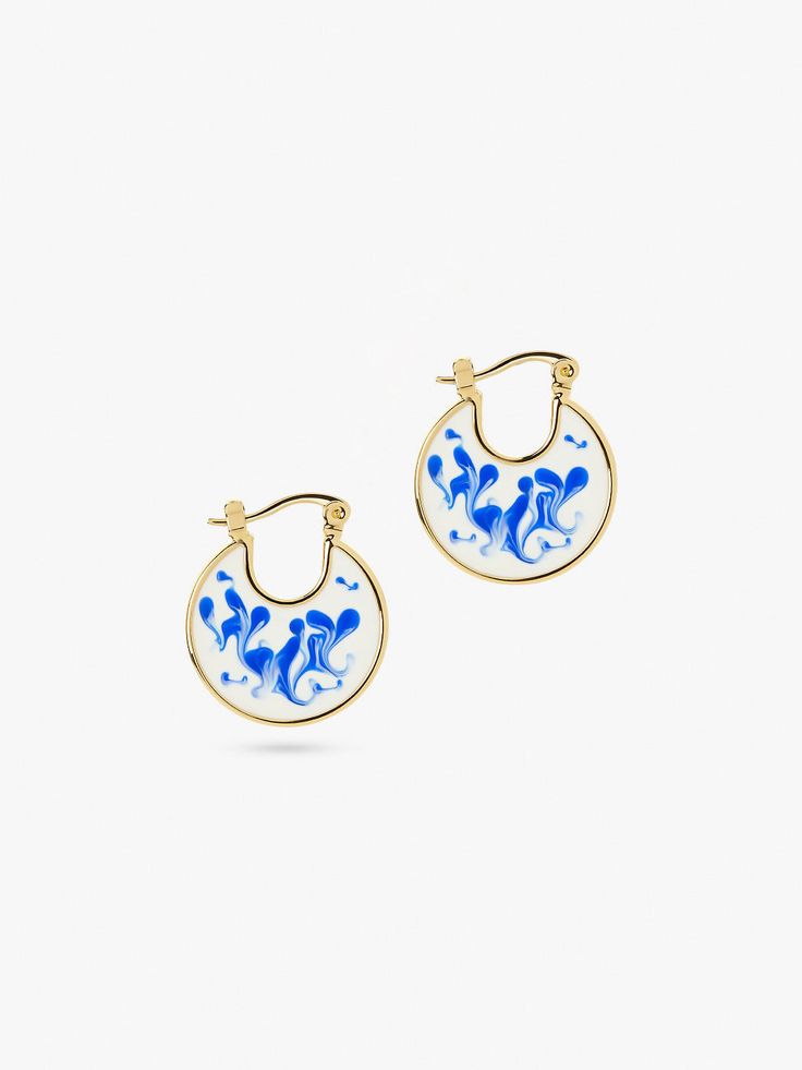 Elegant Round Earrings With Artistic Design, Blue Round Jewelry For Spring, Elegant Blue Hoop Earrings For Everyday, Elegant Blue Hoop Earrings For Summer, Round Blue Jewelry For Spring, Blue Round Spring Jewelry, Trendy Enamel Drop Earrings, Trendy Blue Enamel Jewelry, Elegant Blue Summer Earrings