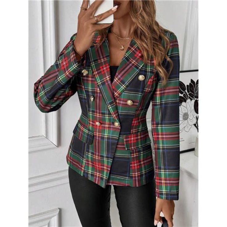 -Item Id 39762895 -Details: Double Button -Neckline: Lapel -Placket: Double Breasted -Sleeve Type: Regular Sleeve -Style: Casual -Type: Regular -Hem Shaped: Regular -Color: Multicolor -Pattern Type: Plaid, Tartan -Sleeve Length: Long Sleeve -Length: Short -Temperature: Spring/Fall (18-25/63-77) -Pockets: Fake Pockets -Body: Unlined -Fit Type: Regular Fit -Fabric: Non-Stretch -Material: Polyester -Composition: 95.0% Polyester, 5.0% Elastane -Care Instructions: Machine Wash, Do Not Dry Clean -Shee Tailored V-neck Blazer With Button Closure, Winter V-neck Blazer With Buttons, V-neck Office Blazer With Buttons, Office V-neck Blazer With Buttons, Single Breasted V-neck Outerwear, Winter V-neck Blazer With Button Closure, Trendy Office Blazer With Buttons, Tailored V-neck Blazer With Buttons, Tailored V-neck Blazer