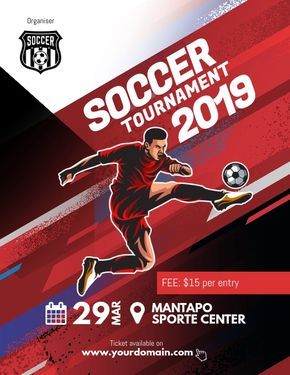 a soccer tournament flyer with a player kicking the ball