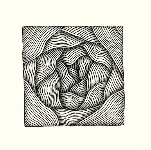 an abstract drawing in black and white with wavy lines on the bottom half of it