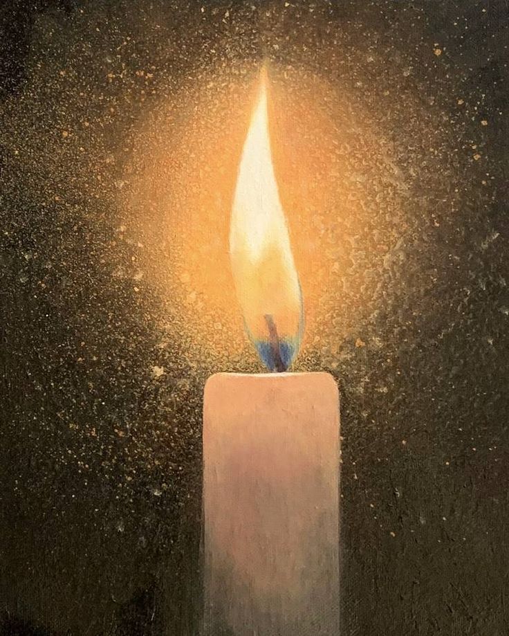 a painting of a lit candle in the dark